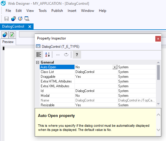 Property Help for the Auto Open property of a DialogControl in USoft Web Designer